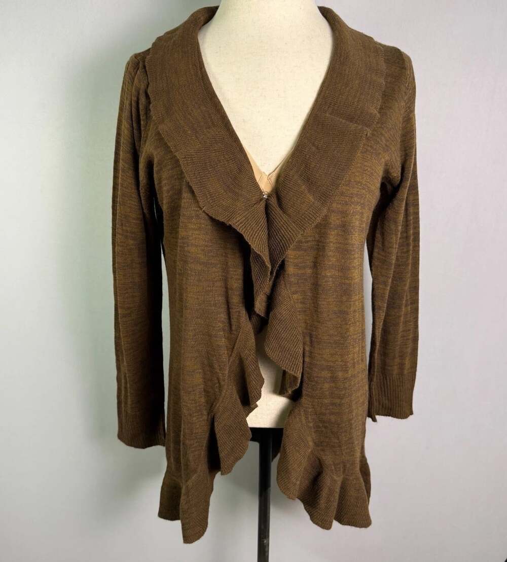 Brittany Black Womens 3X Brown Ruffle Front Cardigan Sweater Hook Eye Knit Plus